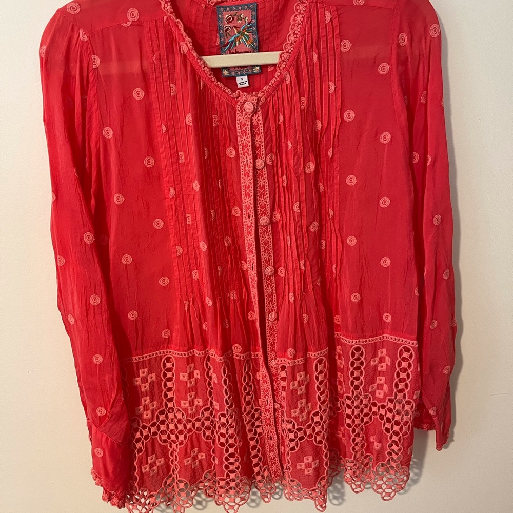 Johnny Was Coral Pleated Mandarin Collar Blouse